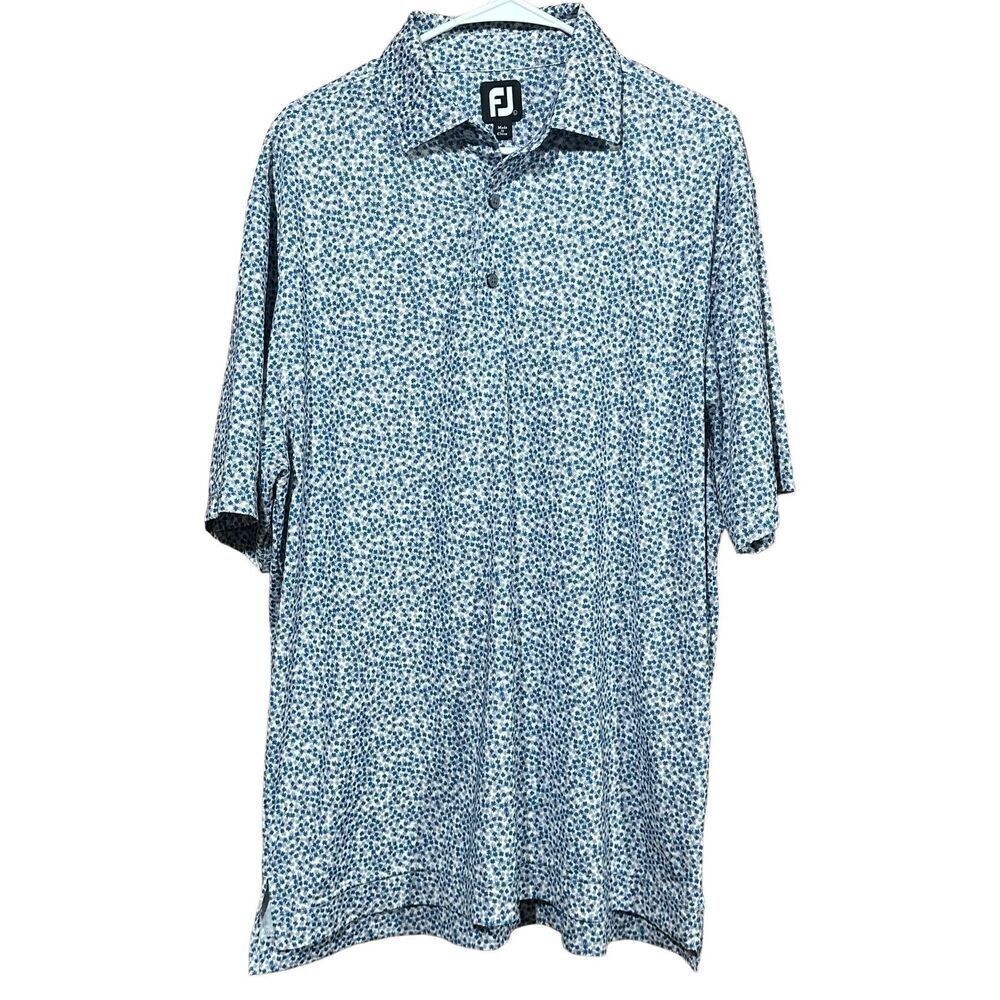 Men’s FJ Foot Joy Performance Polo Shirt Blue White Scattered Dots Print Size La